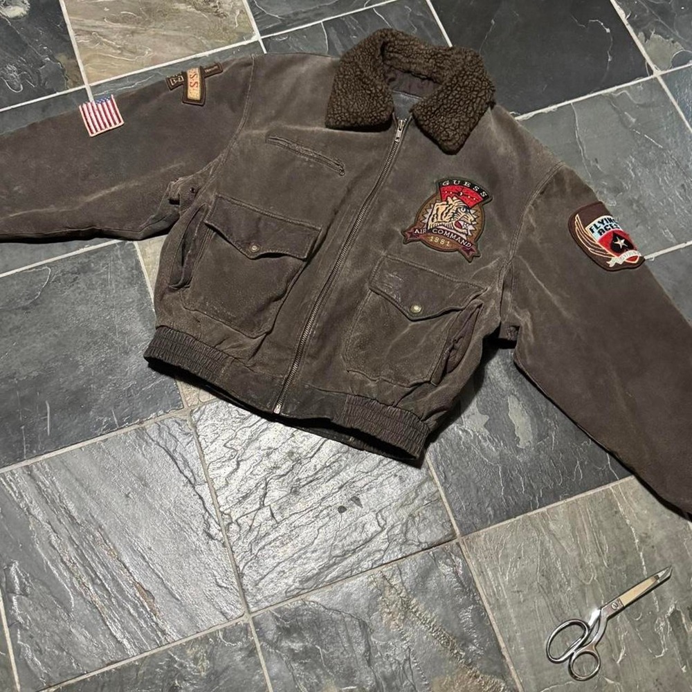 TRUE VINTAGE 80s Guess Leather A-2 Type Airforce Inspired Bomber Jacket - Medium - Picture 7 of 8